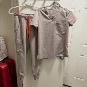 Figs Taupe Scrub Set with Bright Orange Ties